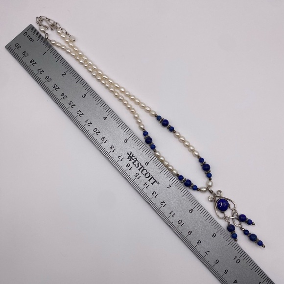 *SOLD*Sterling Silver Lapis Lazuli Pearl Necklace w/ Gold Pyrite Flakes - Picture 6 of 8